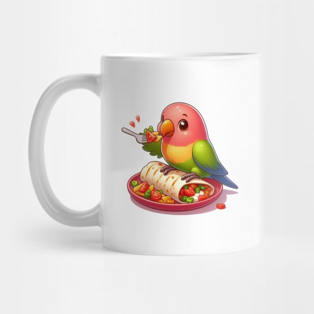 cute love birds are eating Mexican specialties, Tacos, Burritos, Enchiladas, Quesadillas, Guacamole, Fajitas, Chiles Rellenos, Tamales, Mole, Chilaquiles, by art poo